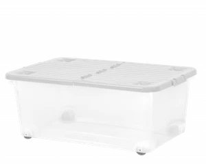 STORAGE BOX WITH WHEELS CLEAR AND GREY FOLDING LID 45L WHAM STORAGE - Picture 1 of 5