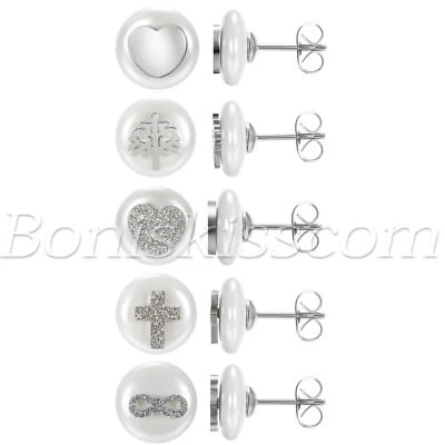 Pendientes perforados redondos de perlas de imitación de acero inoxidable con dije para mujer Foto 1 de 2