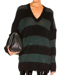 NWT ALL SAINTS Lou Sparkle V Neck Knitted Sweater Black Green Stripe Medium - Picture 1 of 10