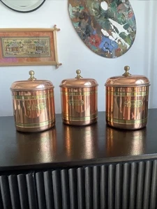 Large Copper & Brass Tea Coffee Sugar Set Country Farm House Kitchenalia - Picture 1 of 17