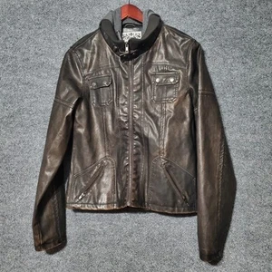 VTG Y2K Wet Seal Jacket Ladies XL Brown Faux Leather Fur Bomber Removable Hoodie - Picture 1 of 8