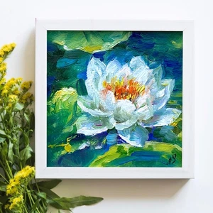 Original oil painting Impressionis White Water Lily Lotus Flowers mini art 4x4in - Picture 1 of 6