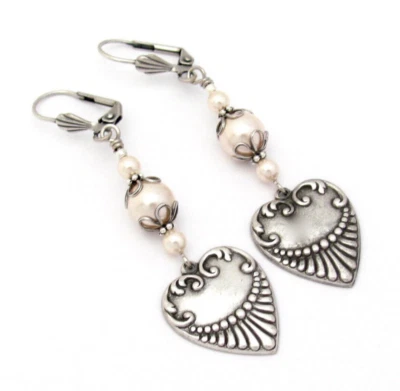 Pendientes Corazón Perlas Cristal Plata Antigua Plt Eduardiano Ren Faire Tudor Regalo Foto 1 de 4