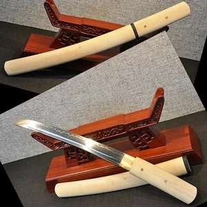 Japanese Clay Tempered 1095 Steel Samurai Sword White wood Shirasaya Tanto* - Picture 1 of 9