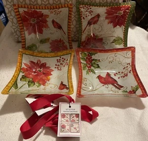 4 Prima Design 5" Square Cardinal Christmas Holiday Appetizer Glass Candy Dishes - Picture 1 of 10