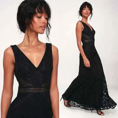 Lulus Embroidered Floral Lace Mermaid Maxi Dress Gown Black size Medium - Image 1 of 4