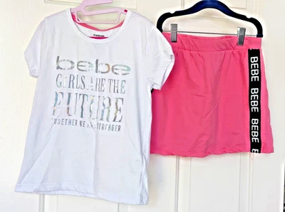 Camiseta, shorts e cabelo Bebe Girls rosa e branco SS 3 peças nova sem etiquetas. Conjunto--tamanho M (10-12) - Imagem 1 de 4