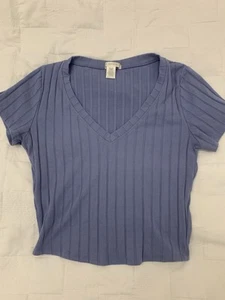 Bozzolo Damen Oberteil Shirt mittelblau Cropped Tee gerippt Kurzarm V-Ausschnitt - Bild 1 von 3