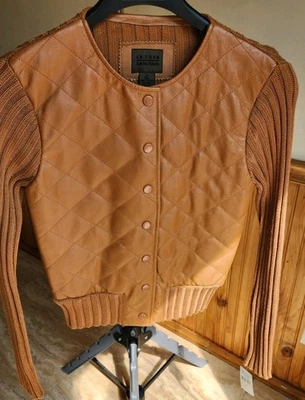 John Paul Richard Uniform Brown Leather Quilted Sweater Jacket Woman Snap M-NWT - Image 1 of 4