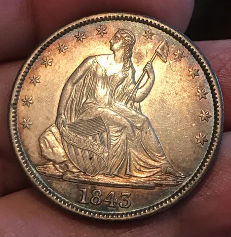 1843 seated Liberty half , beautiful toning , AU / Unc Cover