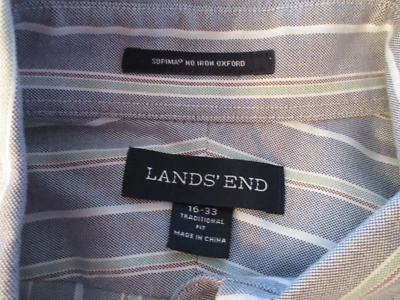 Camisa Oxford para hombre Lands’ End gris a rayas sin hierro 16-33 manga larga tradicional Foto 1 de 4