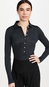 Vince Ribbed Cotton Polo Thong Long Sleeve Bodysuit size M - Picture 1 of 11