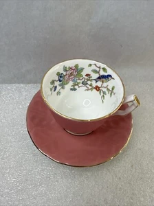 Aynsley Footed Tea Cup & Saucer Pink Bird Branch Gold Trim - Picture 1 of 7