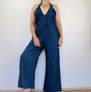 Manning Cartell Jumpsuit Size AU 10 US 6 Denim Blue Wide Leg Halter Neck Stretch - Picture 1 of 11