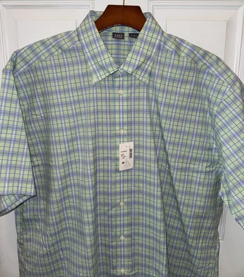 NWT Saks Fifth Avenue Mens Cotton SS Button Up Pastel Green Blue Plaid Shirt XXL - Image 1 of 4