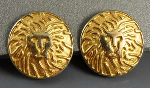 Vintage ANNE KLEIN CLIP-ON EARRINGS Gold Tone Lion's Head CARVED STYLE Round - Picture 1 of 6
