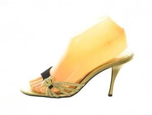 Beverly Feldman Womens Shoes Size 7M Black Gold Mules Open Toe Heels - Picture 1 of 6