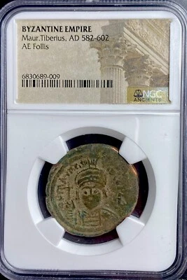 Древняя византийская монета NGC 582-602 гг. н.э. Фоллис Маврикий Тиберий подлинная красивая деталь - Изображение 1 из 4