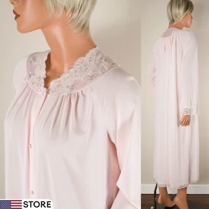 💖 SHADOWLINE Pink Robe Nylon Long Sleeve Button Front Embroidered Lace Trim S - Picture 1 of 13