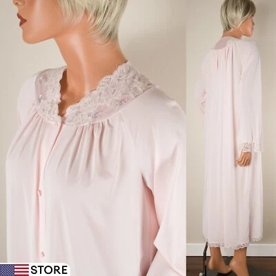 💖 SHADOWLINE Pink Robe Nylon Long Sleeve Button Front Embroidered Lace Trim S - Image 1 of 4