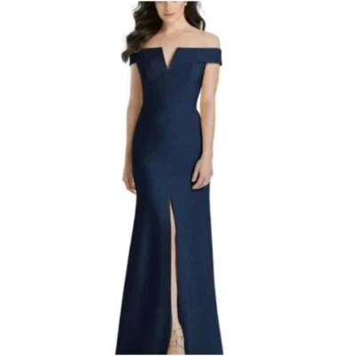 Vestido de crepé azul marino con muescas fuera del hombro talla 0 Dessy Collection para mujer Foto 1 de 4