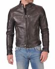 Men's Genuine Lambskin Soft Leather Brown Bomber Slim Fit Biker Leather Jacket 