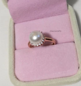 Genuine 9.9mm Freshwater pearl CZ 18K rose gold plated silver Ring adjustable - Picture 1 of 7