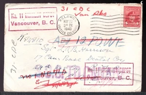 1943 WWII cover, Canadian Army Overseas. Many notes, cancels & redirects. Busy. - Picture 1 of 2