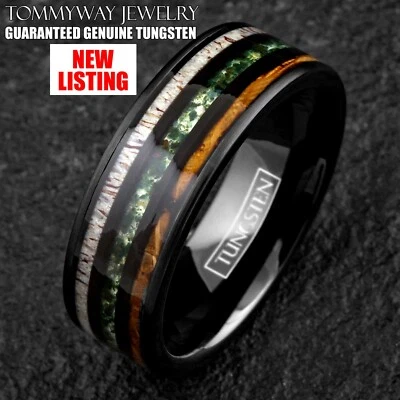Black Tungsten Carbide Moss Agate Deer Antler Whiskey Barrel Band Ring - Image 1 of 4