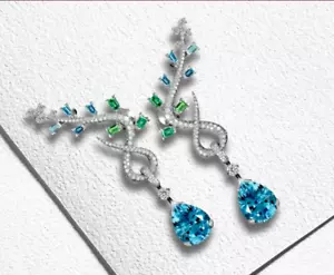 Green Tourmaline, Brilliant Cut White CZ & Pear Cut Aquamarine 21.37TCW Earrings - Picture 1 of 4