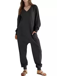 Women's Jumpsuits Long Sleeve Rompers Baggy Pajamas Wide Leg Pants with Pocket - Picture 1 of 17