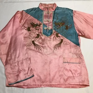 VTG 40s 50s Pink Satin Dragon Embroidered Sukajan Shirt Top Jacket Womens Medium - Picture 1 of 10