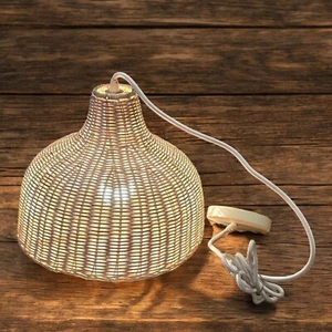Rattan Woven Pendant Light w/ 13.4" Dome Shade White Cord For Ceiling Farmhouse - Picture 1 of 7