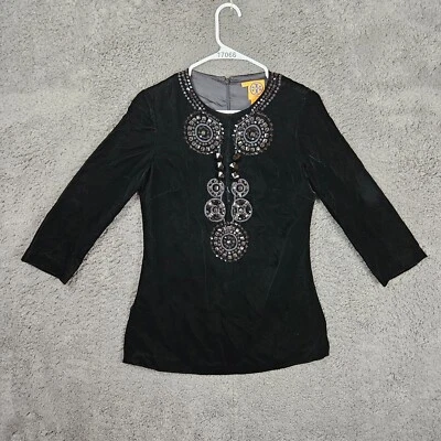 Tory Burch Women's Black Velvet Beaded Top Size 2 Statement Chic - Image 1 of 4