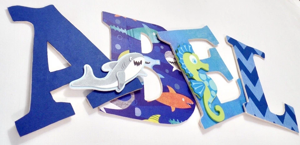 Ocean Themed Wooden Nursery Letters - Custom Shark Ocean Themed For Kids Room - Image 1 of 4
