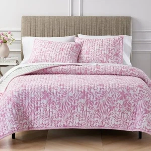 AQUA REVERSIBLE PINTED KING QUILT SET PINK  FLORAL  GREEN STRIPES SHAMS  COTTON - Picture 1 of 3