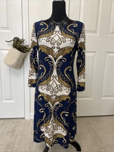 Forever Blue Gold Knit Dress Navy Blue Knee Length Sheath Dress - Picture 1 of 14
