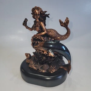 Mermaid Dolphin Seashells Statue Figurine Fantasy Mythology Copper Resin EUC - Picture 1 of 12