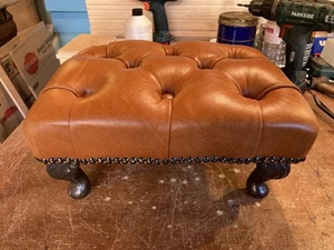 Little Brown Tan  Antique Leather Chesterfield Footstool Queen Anne Legs - Picture 1 of 11