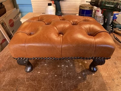 Little Brown Tan  Antique Leather Chesterfield Footstool Queen Anne Legs - Image 1 of 4