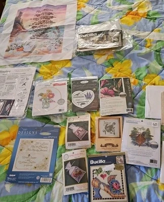 Lot Of 12 Cross Stitch Kits Dimensions,Bucilla Etc & 3 Crosstitch Fabrics Read - Image 1 of 4