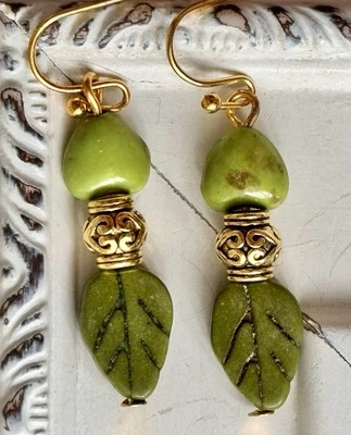 Etched Gold and Green Howlite Leaf. Available In Bronze or Silver Upon Request - Image 1 of 4