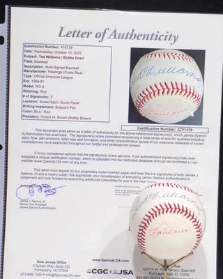 TED WILLIAMS & BOB DOERR HOF Signed Autograph Auto OAL Baseball JSA 💎 LOA - Image 1 of 4