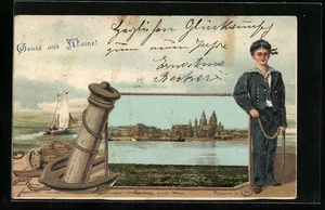 Präge-Lithographie Mainz, Panorama vom Wasser, Matrose mit Anker 1902 - Picture 1 of 2