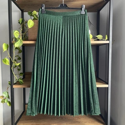 Saia Midi Plissada Zara M 10 Preta e Verde Glitter Brilhante Usada Uma Vez - Imagem 1 de 4