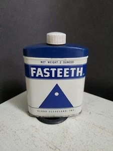 Vintage 1960s FASTEETH Alkaline Denture Powder 2 Oz Medicine Tin Clark Cleveland - Imagen 1 de 8