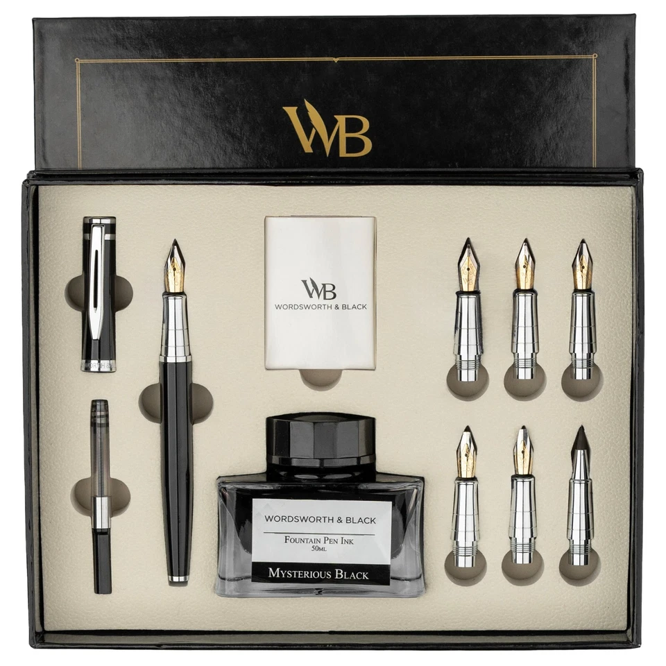 WORDSWORTH & BLACK Calligraphy Pen Gift Set, Ink Bottle, 6 Inks, Converter, 6 Nibs - Black Chrome