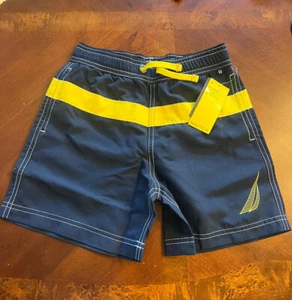 NEW Nautica Boys Swim Trunks Size 7 Logo Blue Yellow Striped UV Safe with Pocket - Picture 1 of 7