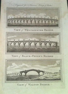 London Westminster & Blackfriars Bridge copperplate engraving 1775 - Picture 1 of 1