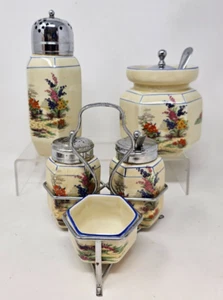 Vintage Parrot & Co Coronet Ware Condiment Set, chromium lids. Amber Garden - Picture 1 of 15